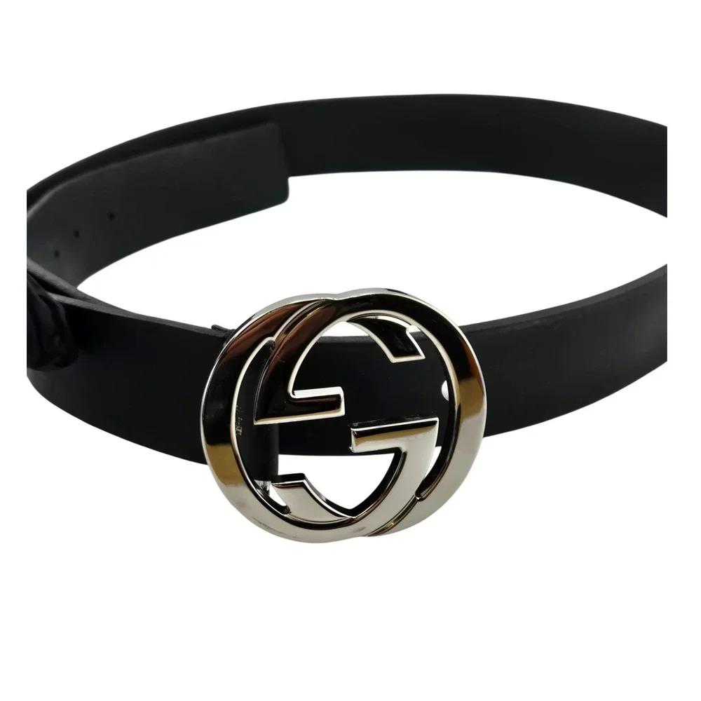 Gucci Interlocking G Belt Black Leather Silver Buckle Mens 44 Inch Large